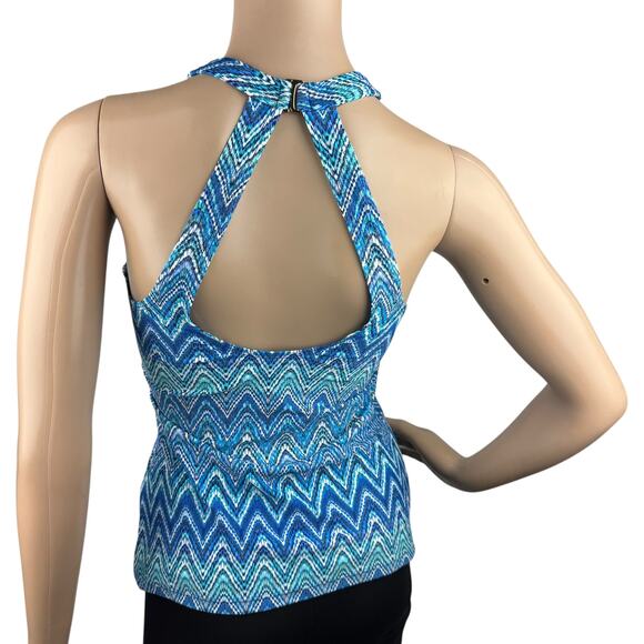New Island Escape St. Martin Blue High Neck Zigzag Cutout Back Tankini Top 6 - Picture 5 of 6